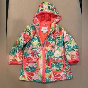 Cat & Jack Green and Orange Raincoat with Hood and Bold Floral Design